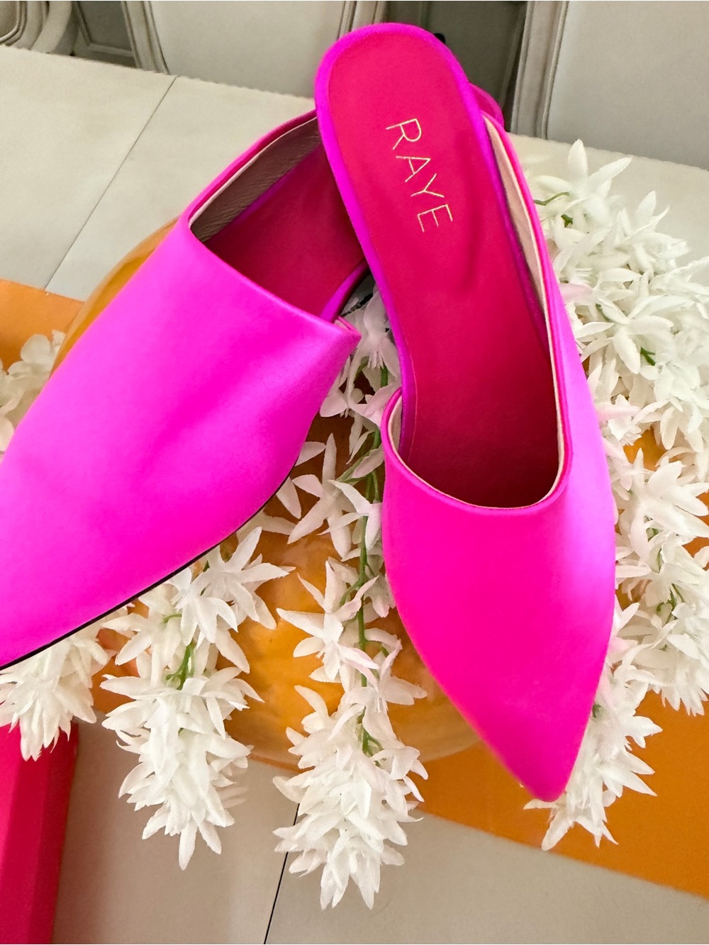 RAYE Pointed Toe Slip-On Mules in Hot Pink Satin
